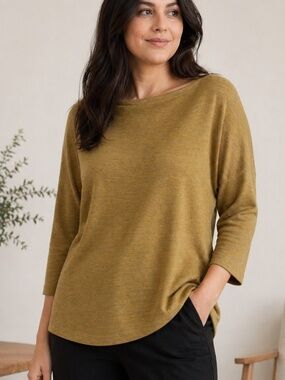 Eileen Fisher 1X Merino Wool Top Mustard Boat Neck Sweater